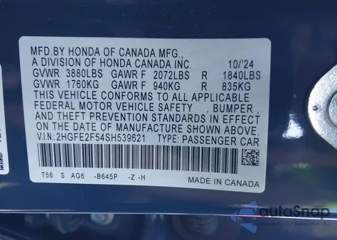 2025 Honda Civic Sport from USA, damaged, VIN 2HGFE2F54SH539621